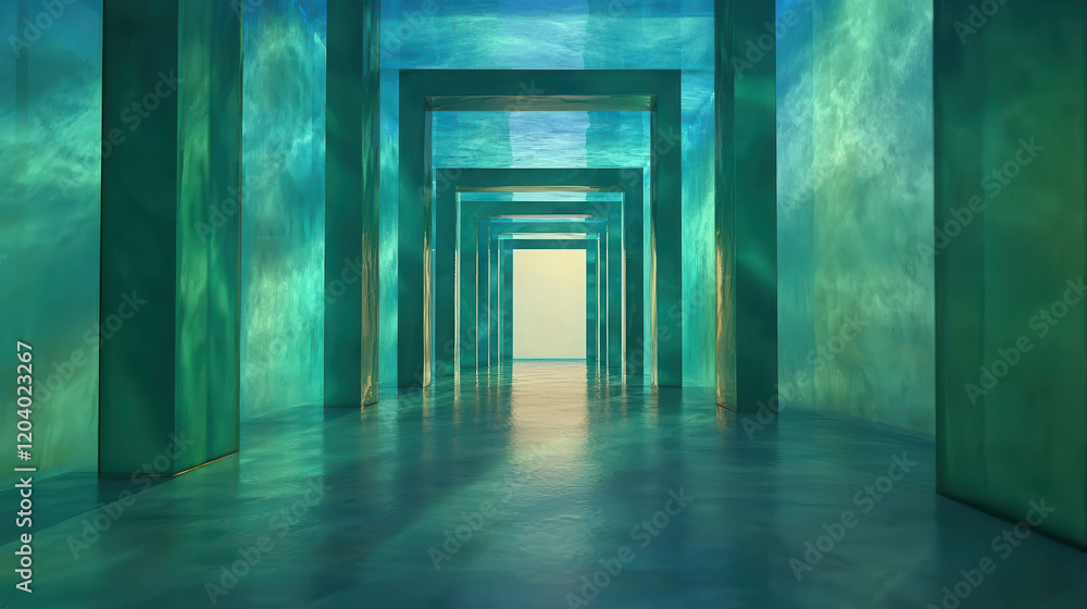 Obraz premium Immersive 3D Maze Experience with Glassy Translucent Walls and Ethereal Lighting Effects