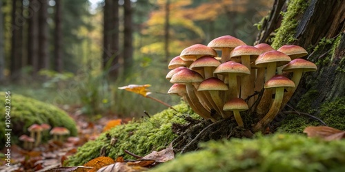 Stunning High-Resolution Image of Brick Cap Mushrooms (Hypholoma lateritium) Cluster photo