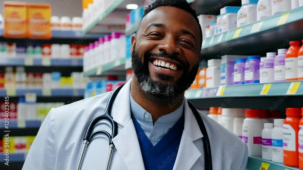 Friendly pharmacist in a pharmacy smiling while organizing medication on shelves Friendly pharmacist in a pharmacy smiling while organizing medication on shelves