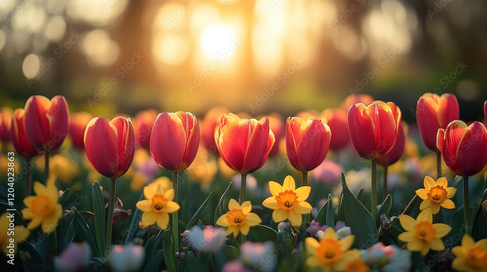 Obraz premium A flower garden with vibrant tulips and daffodils blooming in neat rows under the spring sun