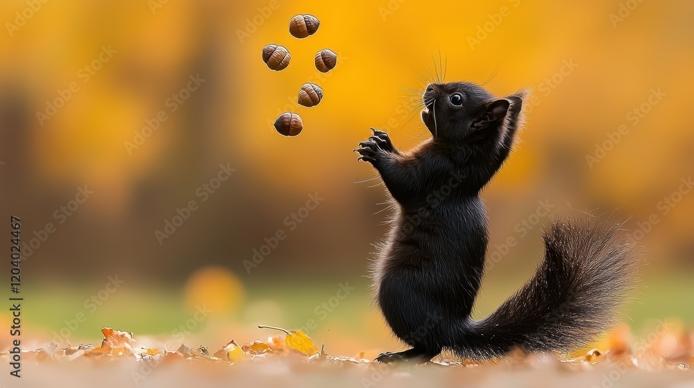 Adorable Black Squirrel Catching Acorns in Autumn Park Adorable Black Squirrel Catching Acorns in Autumn Park