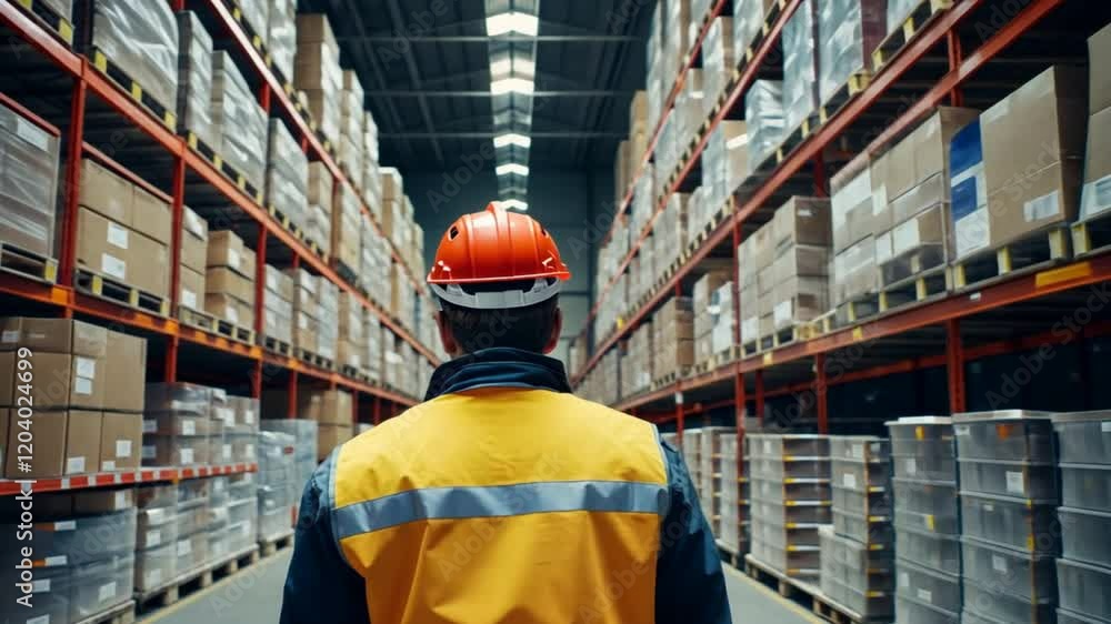 Warehouse Worker: A lone worker in safety gear walks down the aisle of a massive warehouse, surrounded by towering shelves filled with boxes. Warehouse Worker: A lone worker in safety gear walks down the aisle of a massive warehouse, surrounded by towering shelves filled with boxes.