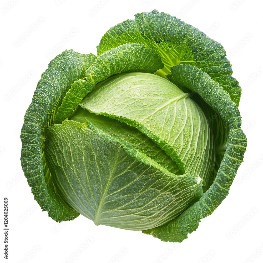 Fototapeta premium Fresh green cabbage with water drops on transparent background