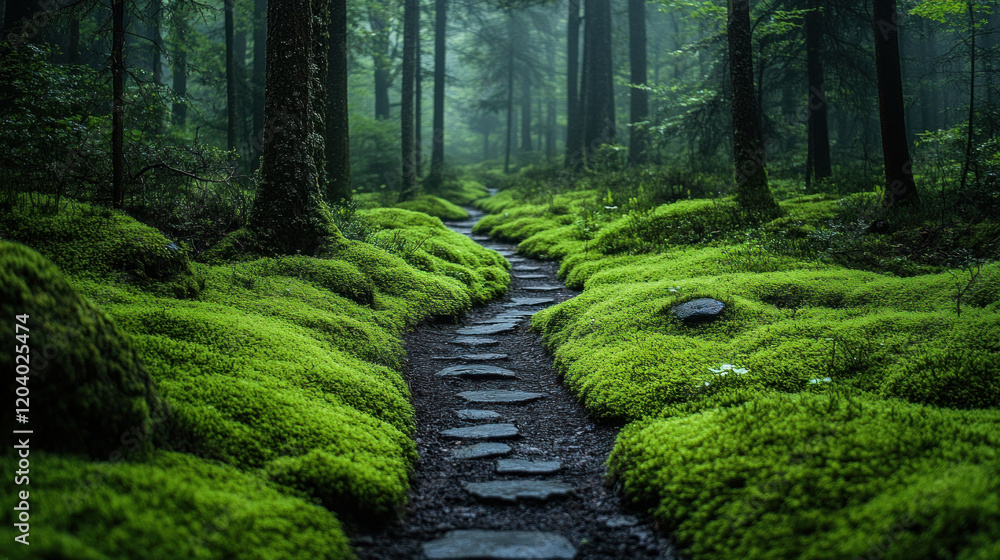 A nature trail covered in soft moss, leading hikers through an ancient forest with towering trees A nature trail covered in soft moss, leading hikers through an ancient forest with towering trees
