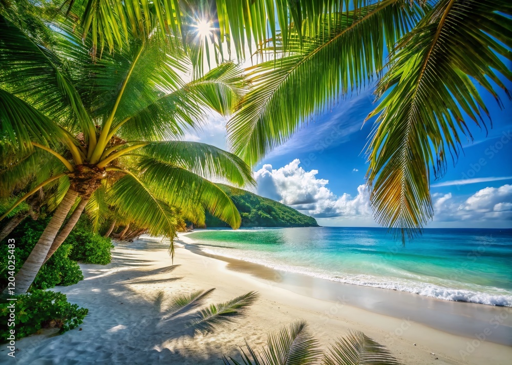 Fototapeta premium Stunning White Sand Beach, Tropical Paradise, Crystal Clear Water, Azure Ocean, Nature Photography