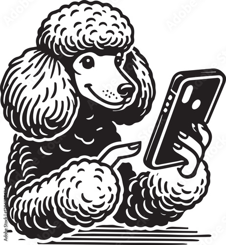 Cute Poodle Taking a Selfie with a Smartphone. A playful black and white illustration of a poodle holding a smartphone, appearing to take a selfie.