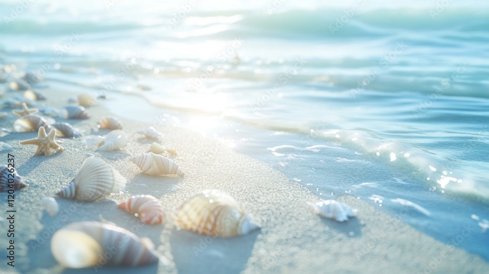 Seashells and starfish on sandy beach at sunset. Seashells and starfish on sandy beach at sunset.