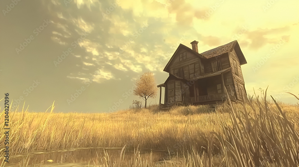 Obraz premium Abandoned farmhouse field sunset autumn; nostalgic, game design