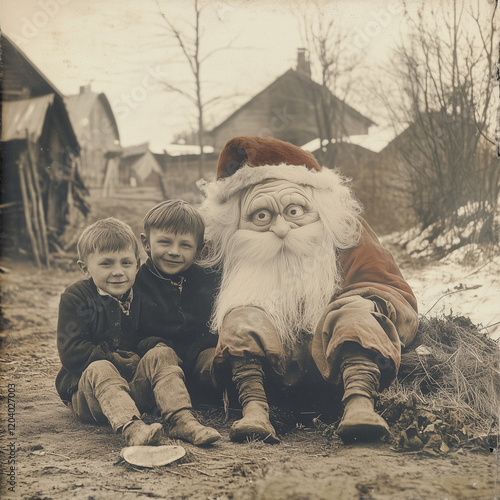 village children in the company of an alien, alien, ufo, weird, crazy photo