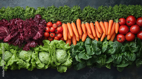 A vibrant vegetable garden filled with neatly arranged rows of lettuce, tomatoes, and carrots