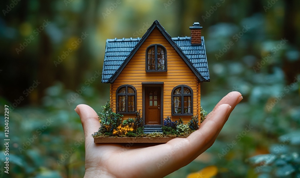 Hand holding tiny house model, forest background, homeownership concept, real estate Hand holding tiny house model, forest background, homeownership concept, real estate
