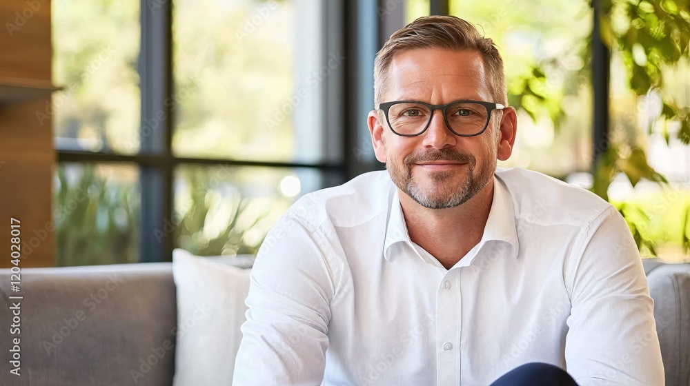 Confident Mature Man in White Shirt Smiling Relaxed Modern Office Setting Confident Mature Man in White Shirt Smiling Relaxed Modern Office Setting