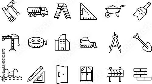 "Construction Thin Line Icons Set - Builder and House Repair Tool Collection"