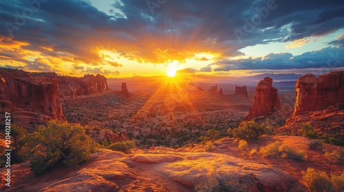 Arches National Park Fiery Furnace, with intricate rock formations under a golden sunset photo