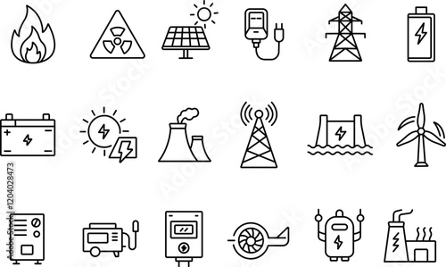 "Energy and Electricity Icon Set - Vector Line Outline Collection"
