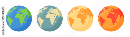 Earth globe icon set of global warming stages in various color isolated on white background. Global warming stages set. World map in circle. Earth globes collection.