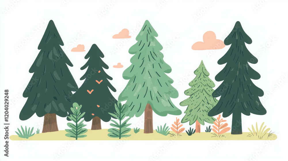 Fototapeta premium Colorful Evergreen Forest Design with Various Trees and Nature Elements in Flat Style