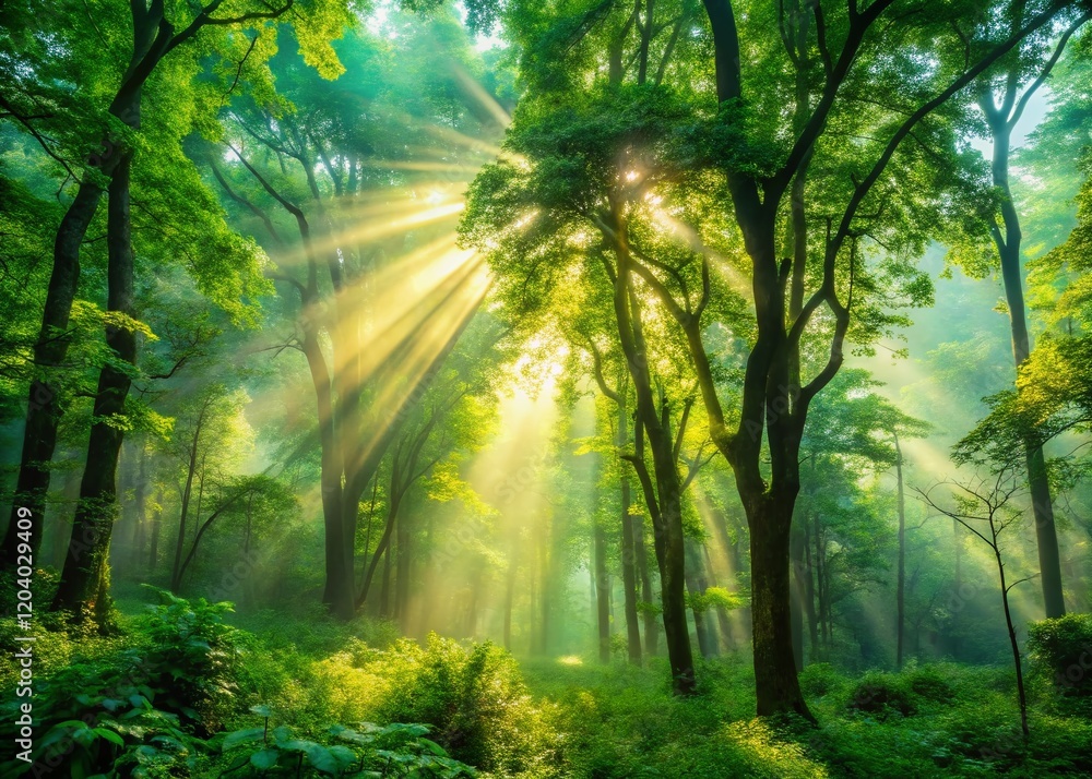 Obraz premium Sunlit Forest Path: Misty Morning Tranquility