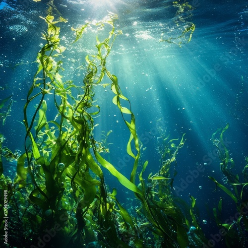 Sunbeams illuminate vibrant underwater kelp forest scene.