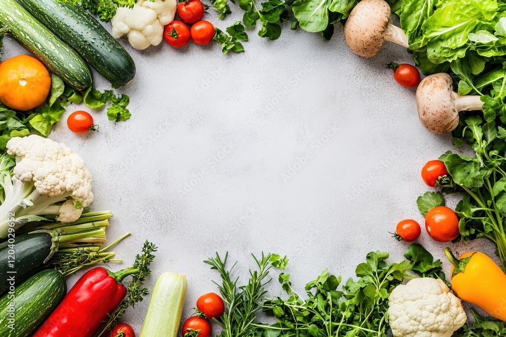 Fresh Organic Vegetables and Herbs Border Grey Background Fresh Organic Vegetables and Herbs Border Grey Background