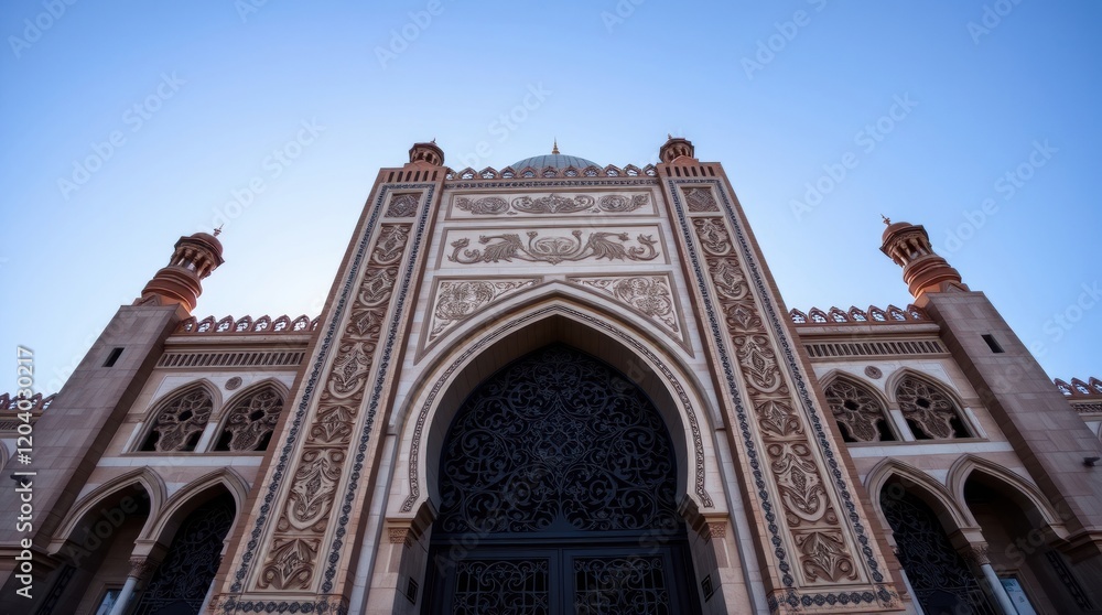 Obraz premium Mosque's gate in Casablanca, Morocco from a low angle. Emphasize smooth color transitions, creating a dramatic