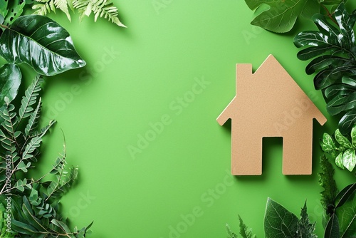 Eco Friendly Home Green Living Sustainable House Cardboard Model Nature Leaves photo