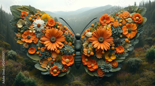 Floral butterfly art, mountain backdrop, nature design photo