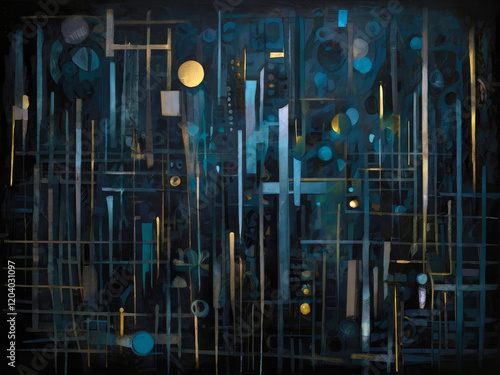 Dark abstract artwork painting of long thin geometric rectangles crossing at right-angles
