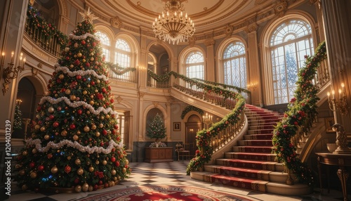 Wallpaper Mural Holiday decorations transform a grand staircase and foyer into a festive wonderland with a large Christmas tree Torontodigital.ca