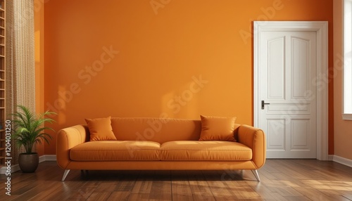 Cozy interior featuring an orange sofa against a vibrant orange wall with natural light from the window