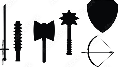 Sword and shield silhouette,War weapons collection, Battle ateliers silhouette,Antique weapon silhouettes