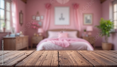 Cozy pink bedroom with wooden decor and soft furnishings in a warm atmosphere