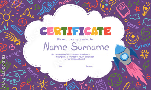 Colorful school and preschool diploma certificate for kids and children in kindergarten or primary grades with doodle crayon elements on colorful background. Vector cartoon flat illustration