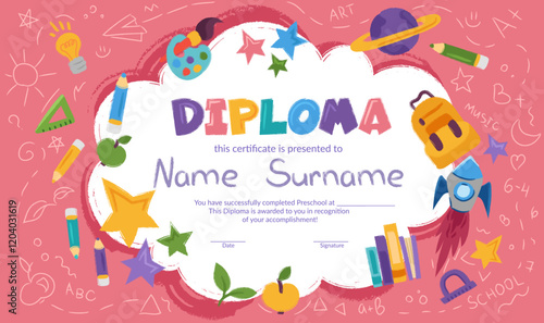 Colorful school and preschool diploma certificate for kids and children in kindergarten or primary grades with doodle crayon elements on colorful background. Vector cartoon flat illustration