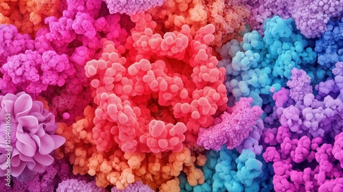 A vibrant array of colorful coral-like structures in shades of pink, purple, and blue, showcasing intricate textures and depth.