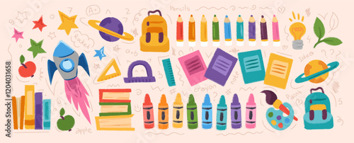 Set of school supplies in hand drawn style by crayons or pencils. Back to school or kindergarten concept. Big collection of school stationery with backpack, rocket, books. Vector flat illustration 