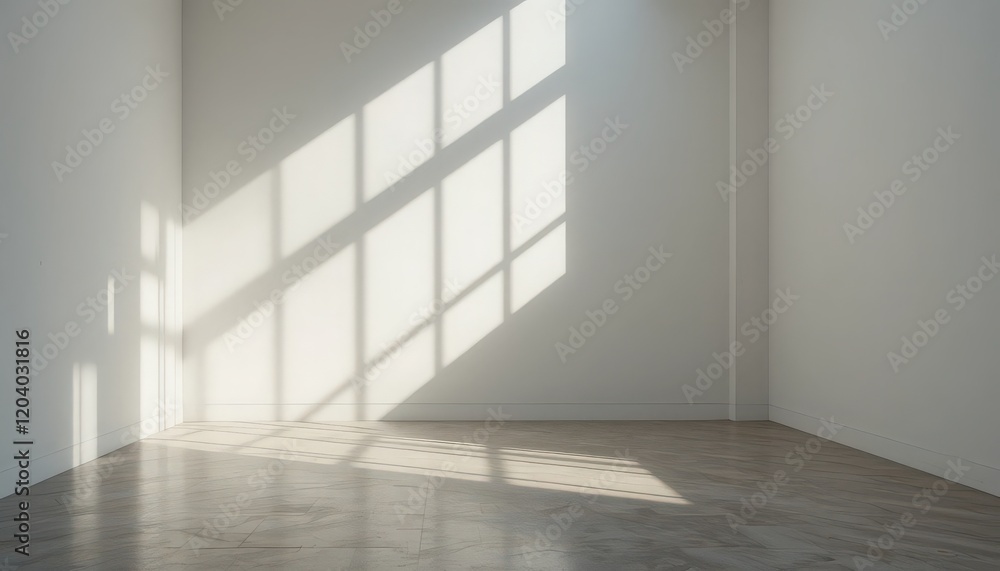 Bright sunlight streaming through windows creates patterned shadows on a minimalist room's floor in the morning Bright sunlight streaming through windows creates patterned shadows on a minimalist room's floor in the morning