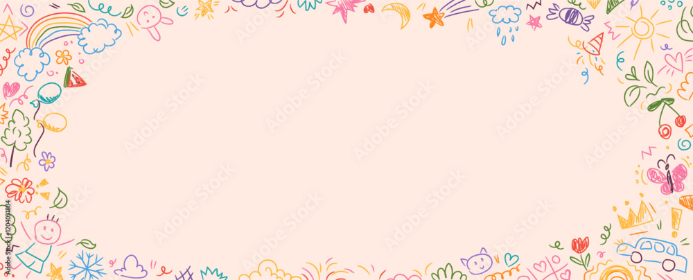 Colorful kindergarten crayon background with doodles drawn by colorful crayons. Childlike border frame with pencils and childish drawings on paper. Vector illustration for certificate, diploma, poster Colorful kindergarten crayon background with doodles drawn by colorful crayons. Childlike border frame with pencils and childish drawings on paper. Vector illustration for certificate, diploma, poster