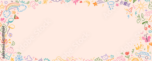 Colorful kindergarten crayon background with doodles drawn by colorful crayons. Childlike border frame with pencils and childish drawings on paper. Vector illustration for certificate, diploma, poster