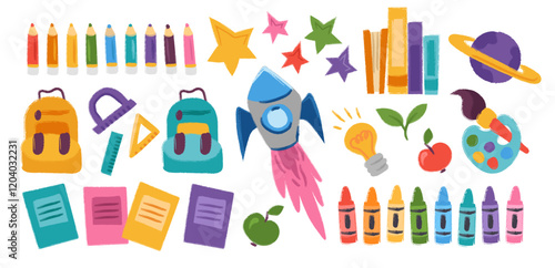 Set of school supplies in hand drawn style by crayons or pencils. Back to school or kindergarten concept. Big collection of school stationery with backpack, rocket, books. Vector flat illustration 