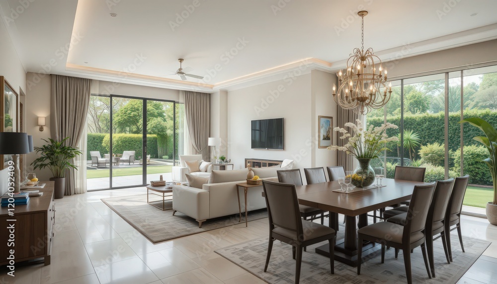 Elegant dining area overlooking a serene garden, featuring modern decor and abundant natural light Elegant dining area overlooking a serene garden, featuring modern decor and abundant natural light