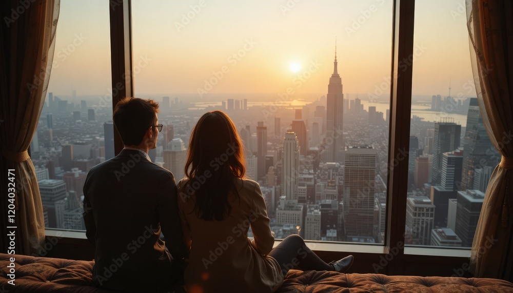 Couple enjoying a sunset view over a city skyline from a high-rise window with a chilly evening atmosphere Couple enjoying a sunset view over a city skyline from a high-rise window with a chilly evening atmosphere