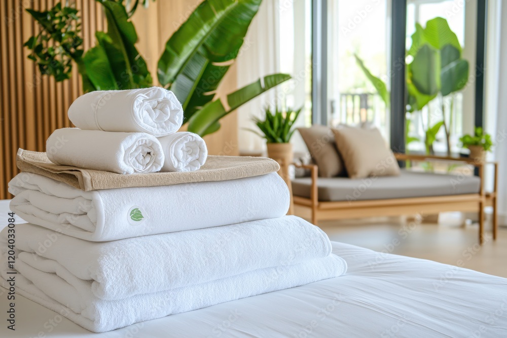 Luxurious White Towels and Blanket Stacked on Bed in Modern Room Luxurious White Towels and Blanket Stacked on Bed in Modern Room