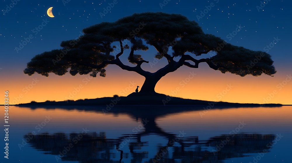 Naklejka premium Serene Sunset Silhouette Of Tree And Dog By Water