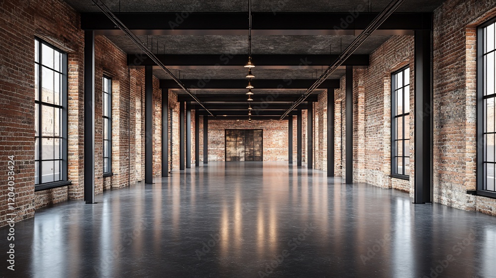Industrial loft hallway, empty space, urban background, real estate Industrial loft hallway, empty space, urban background, real estate