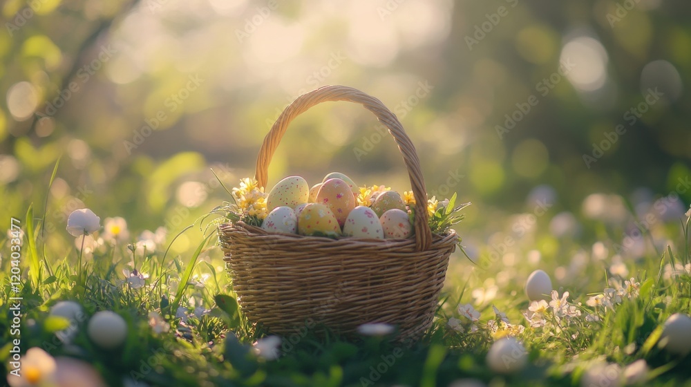 Basket Filled with Easter Eggs in a Flowerfield Basket Filled with Easter Eggs in a Flowerfield