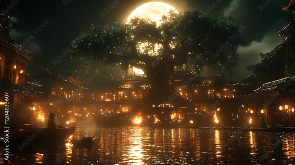 Ancient Village Night Scene Illuminated By Giant Tree And Moon Ancient Village Night Scene Illuminated By Giant Tree And Moon
