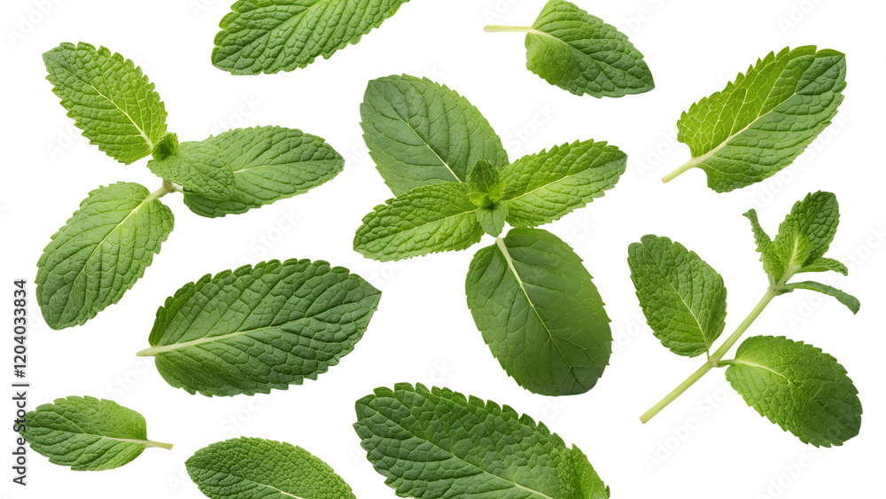 Fresh Green Mint Leaves on a White Background Top View Fresh Green Mint Leaves on a White Background Top View