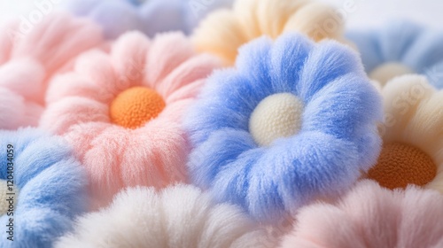 Plush Gaillardia flowers in pastel colors, cute floral wallpaper, cotton fabric texture, delicate aesthetic effect