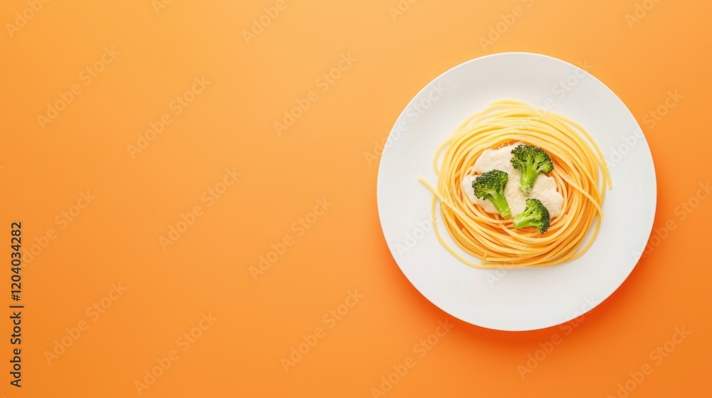 A plate of spaghetti topped with broccoli sits against a bright orange background, creating a vibrant and appetizing visual. A plate of spaghetti topped with broccoli sits against a bright orange background, creating a vibrant and appetizing visual.